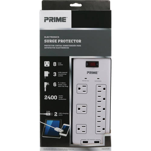 USB Charging Surge Protectors, 8 Outlets, 2400 J, 1875 W, 6' Cord Cintas