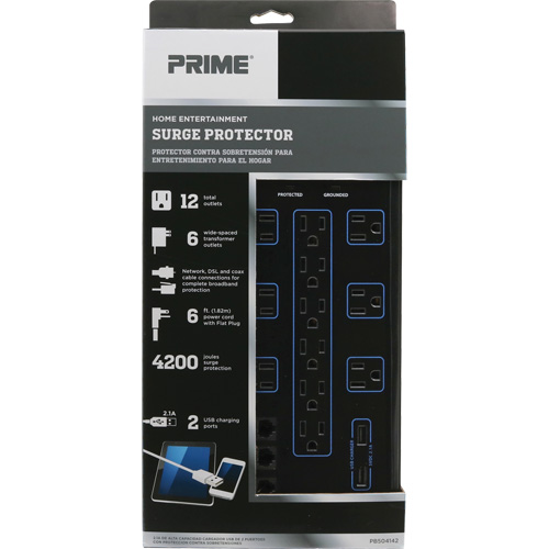 Limiteurs de surtension avec chargeur USB, 12 Prises, 4200 J, 1875 W, Cordon 6' Cintas
