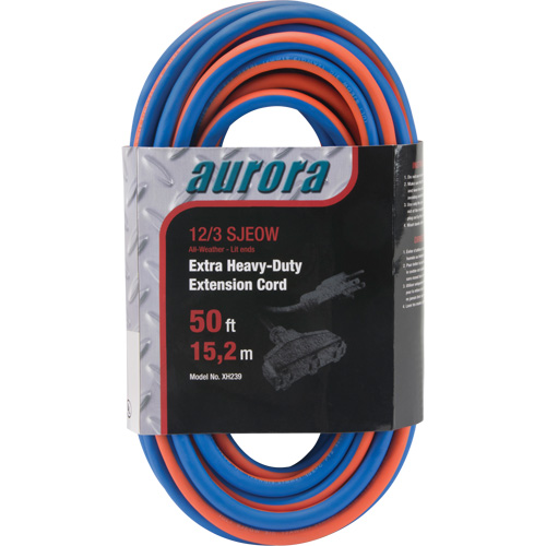 TPE-Rubber Extension Cord with Light Indicator, All-Weather, SJEOW, 12/3 AWG, 15 A, 3 Outlet(s), 50' Cintas
