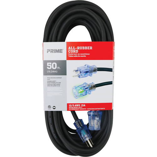 Cordon rallonge All-Rubber, Ext&eacute;rieur, SJOOW, AWG 12/3, 15 A, 50' Cintas