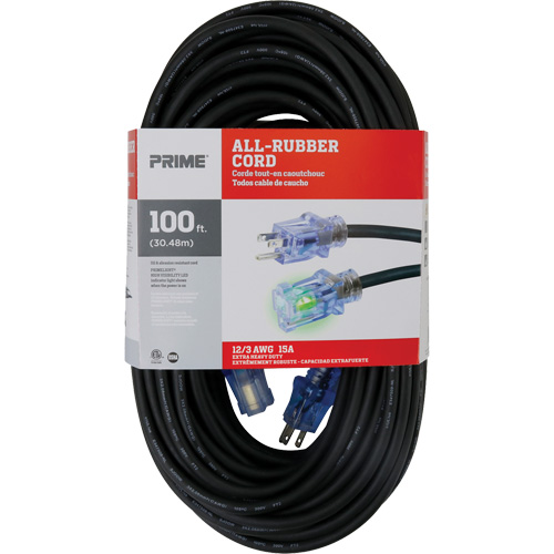 All-Rubber Extension Cord, Outdoor, SJOOW, 12/3 AWG, 15 A, 100' Cintas