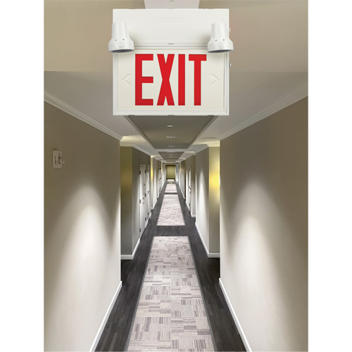Enseigne de sortie avec &eacute;clairage de s&eacute;curit&eacute;, DEL, &agrave; piles/&agrave; raccordement fixe, 12-1/10" lo x 11" la, Anglais Cintas