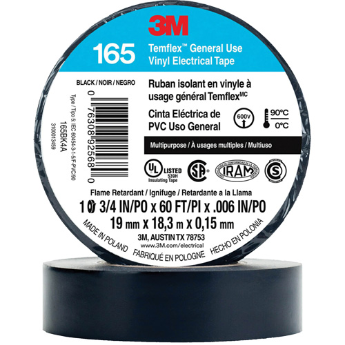 Temflex General Use Vinyl Electrical Tape 165, 19 mm (3/4") x 18 M (60'), Black, 6 mils Cintas