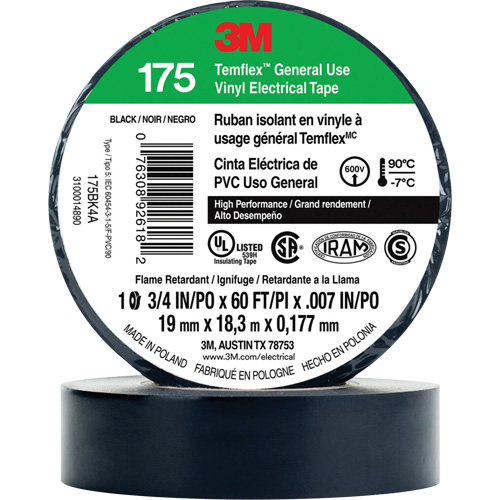 Temflex General Use Vinyl Electrical Tape 175, 19 mm (3/4") x 18 M (60'), Black, 7 mils Cintas