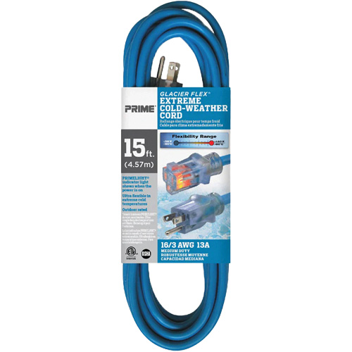 Glacier Flex&reg; Extreme Cold Weather Extension Cord, Outdoor, SJTW, 16/3 AWG, 13 A, 15' Cintas