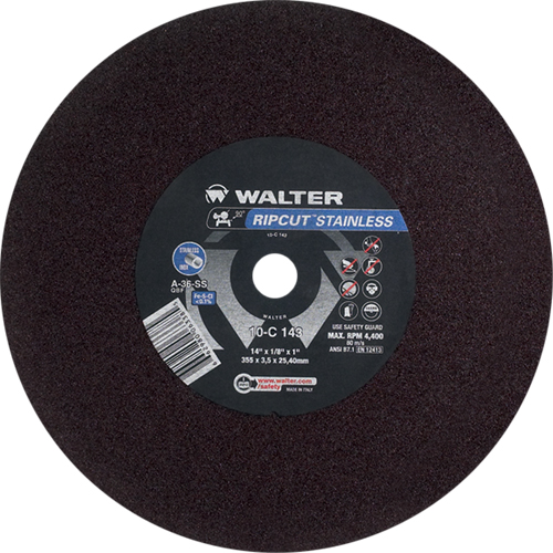 Ripcut Stainless Steel Cut-Off Wheel for Stationary Saws, 14" x 1/8", 1" Arbor, Type 1, Aluminum Oxide, 4400 RPM Cintas