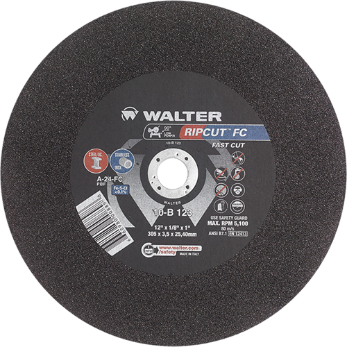 Ripcut Stainless Steel & Steel Cut-Off Wheel for Stationary Saws, 12" x 1/8", 1" Arbor, Type 1, Aluminum Oxide, 5100 RPM Cintas