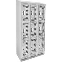Clean Line Lockers, 3 -tier, Bank of 3, 36" x 15" x 82", Steel, Grey, Rivet (Assembled), Perforated Cintas
