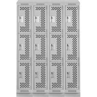 Clean Line Lockers, 3 -tier, Bank of 4, 48" x 15" x 82", Steel, Grey, Rivet (Assembled), Perforated Cintas