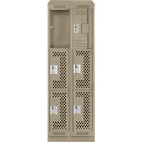 Clean Line Lockers, 3 -tier, Bank of 2, 24" x 15" x 82", Steel, Beige, Rivet (Assembled), Perforated Cintas