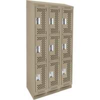 Clean Line Lockers, 3 -tier, Bank of 3, 36" x 15" x 82", Steel, Beige, Rivet (Assembled), Perforated Cintas