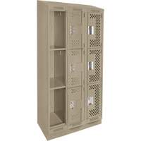 Clean Line Lockers, 3 -tier, Bank of 3, 36" x 15" x 82", Steel, Beige, Rivet (Assembled), Perforated Cintas