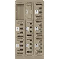 Clean Line Lockers, 3 -tier, Bank of 3, 36" x 15" x 82", Steel, Beige, Rivet (Assembled), Perforated Cintas