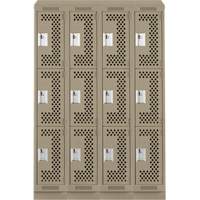Clean Line Lockers, 3 -tier, Bank of 4, 48" x 15" x 82", Steel, Beige, Rivet (Assembled), Perforated Cintas