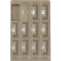 Clean Line Lockers, 3 -tier, Bank of 4, 48" x 15" x 82", Steel, Beige, Rivet (Assembled), Perforated Cintas