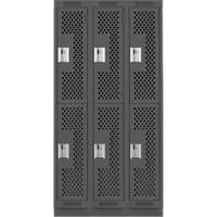 Clean Line Lockers, 2 -tier, Bank of 3, 36" x 12" x 76", Steel, Charcoal, Rivet (Assembled), Perforated Cintas