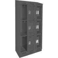 Clean Line Lockers, 3 -tier, Bank of 3, 36" x 15" x 82", Steel, Charcoal, Rivet (Assembled), Perforated Cintas