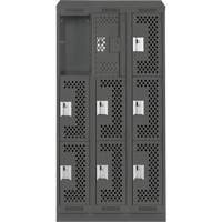 Clean Line Lockers, 3 -tier, Bank of 3, 36" x 15" x 82", Steel, Charcoal, Rivet (Assembled), Perforated Cintas
