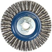 Brosse &agrave; fils nou&eacute;s pour cordons de soudure pour meuleuse angulaire, Dia. 4", Fils 0,02", Arbre 5/8"-11, Acier inoxydable Cintas