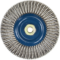 Brosse &agrave; fils nou&eacute;s pour cordons de soudure pour meuleuse angulaire, Dia. 6", Fils 0,02", Arbre 5/8"-11, Acier inoxydable Cintas