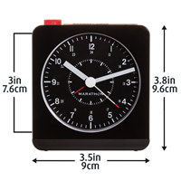 Desk Alarm Clock, Analog, Battery Operated, 3.5" W x 1.5" D x 3.75" H, Black Cintas