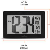 Self-Setting & Self-Adjusting Wall Clock with Stand, Digital, Battery Operated, Black Cintas