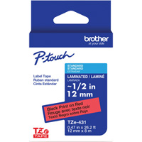 Ruban lamin&eacute; TZe-431 pour &eacute;tiqueteuses P-Touch compatibles avec les rubans TZe, 12 mm x 8 m, Noir/rouge Cintas