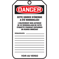 &eacute;tiquettes de verrouillage, Papier cartonn&eacute;, 3-1/8" la x 5-7/8" h, Français Cintas