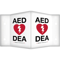 Enseigne &agrave; projection sur 90°  AED/ DEA , 6" x 5", Plastique, Bilingue avec pictogramme Cintas