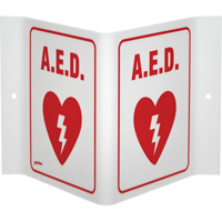 Enseigne "A.E.D." en V, 6" x 9", Acrylique, Anglais avec pictogramme Cintas