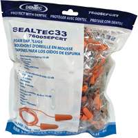 Bouchons d'oreilles coniques jetables en mousse de PU orange SEALTEC33, Vrac - Sac en poly, Avec cordon Cintas
