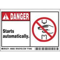 Enseigne Danger Starts Automatically, 3-1/2" x 5", Polyester, Anglais avec pictogramme Cintas