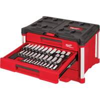 Ensemble de 242 pi&egrave;ces de douilles et cliquets m&eacute;triques et SAE 1/4", 3/8" et 1/2" avec boîte &agrave; outils PACKOUT &agrave; 4 tiroirs, 16-3/10" x 22-1/5" x 14-3/10", Noir/Rouge Cintas